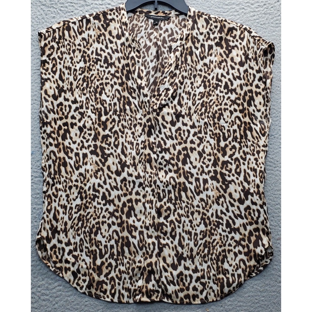 Banana Republic Blouse Women's S Multi Leopard Print V-Neck Inside Button Front